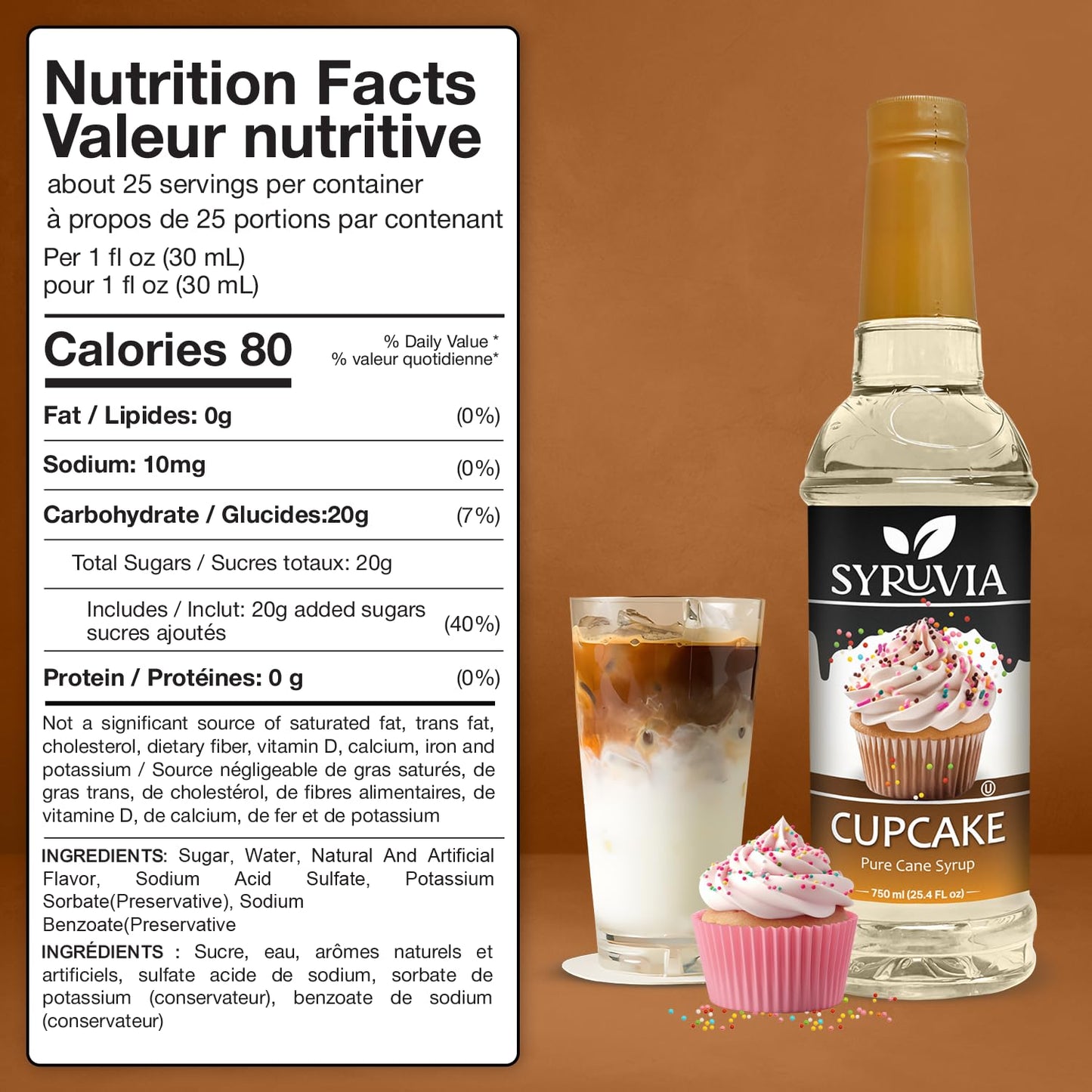 Syruvia Cupcake Coffee Syrup - 25.4 fl oz - Kosher Syrups, Gluten Free, No Coloring, Perfect for Drinks, Soda, Shakes, Desserts, and More.