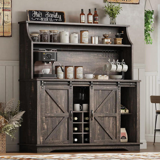 47 Inch Farmhouse Coffee Bar Cabinet with 3-Tier Storage, Kitchen Hutch with 9 Wine Racks & 3 Glass Holders, Coffee Bar with 6 Hooks, Wine Bar Cabinet for Dining Living Room, Rustic Oak