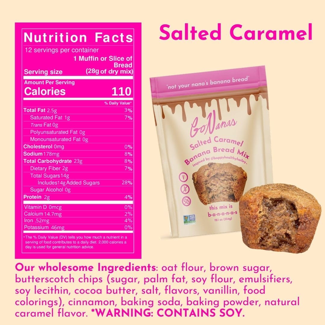 GoNanas Salted Caramel Oat Flour Banana Bread Mix, Suitable for Plant Based Vegan Diets, Gluten Free Dairy Free Snacks, Healthy Snacks For Adults, Muffin Mix, Nut Free, Cupcakes Dessert, NON-GMO, 3pk