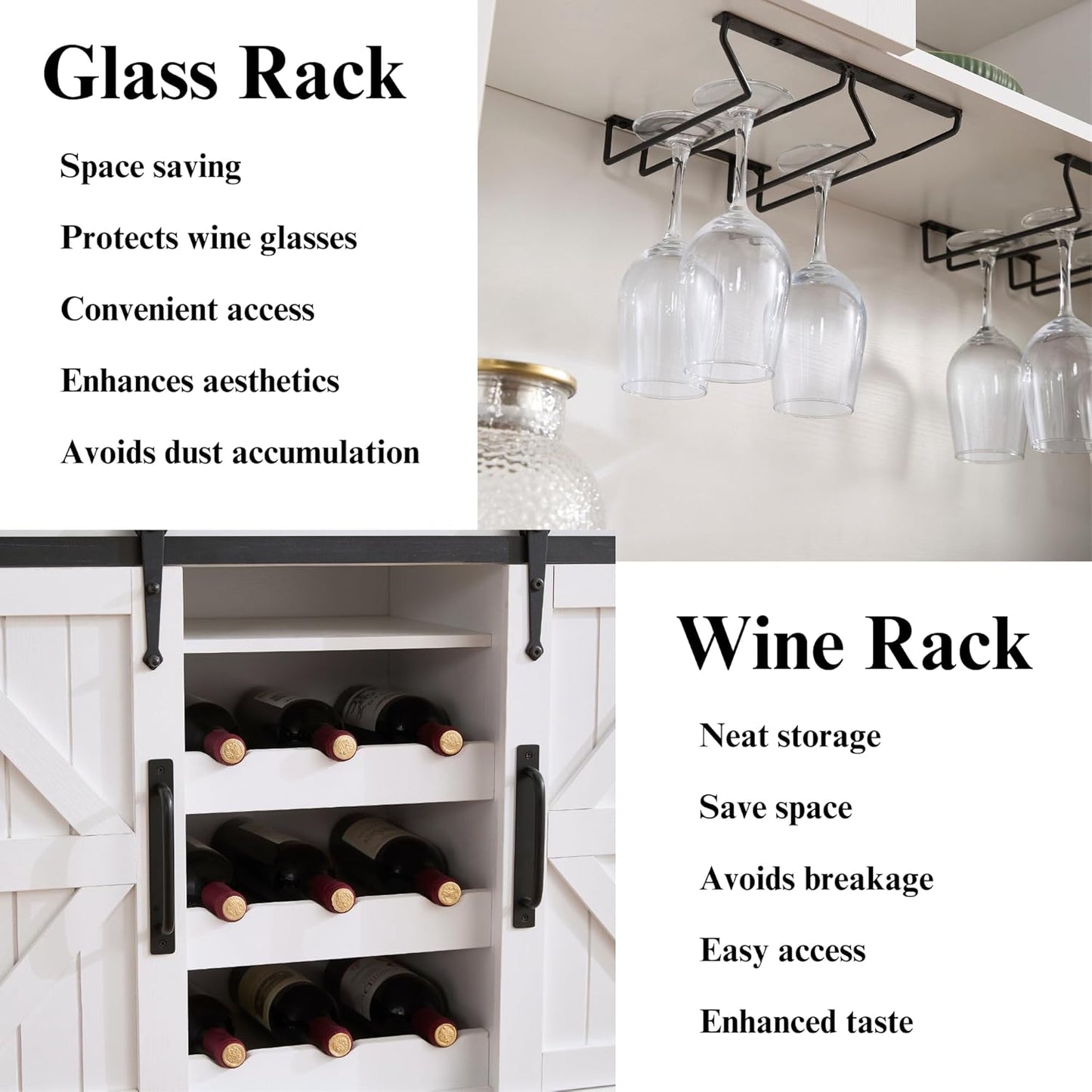 Coffee Bar Cabinet with Sliding Barn Doors 71'' Farmhouse White Pantry Cabinet with Drawers & Wine Glass Rack Rustic Buffet Cabinet for Kitchen, Black