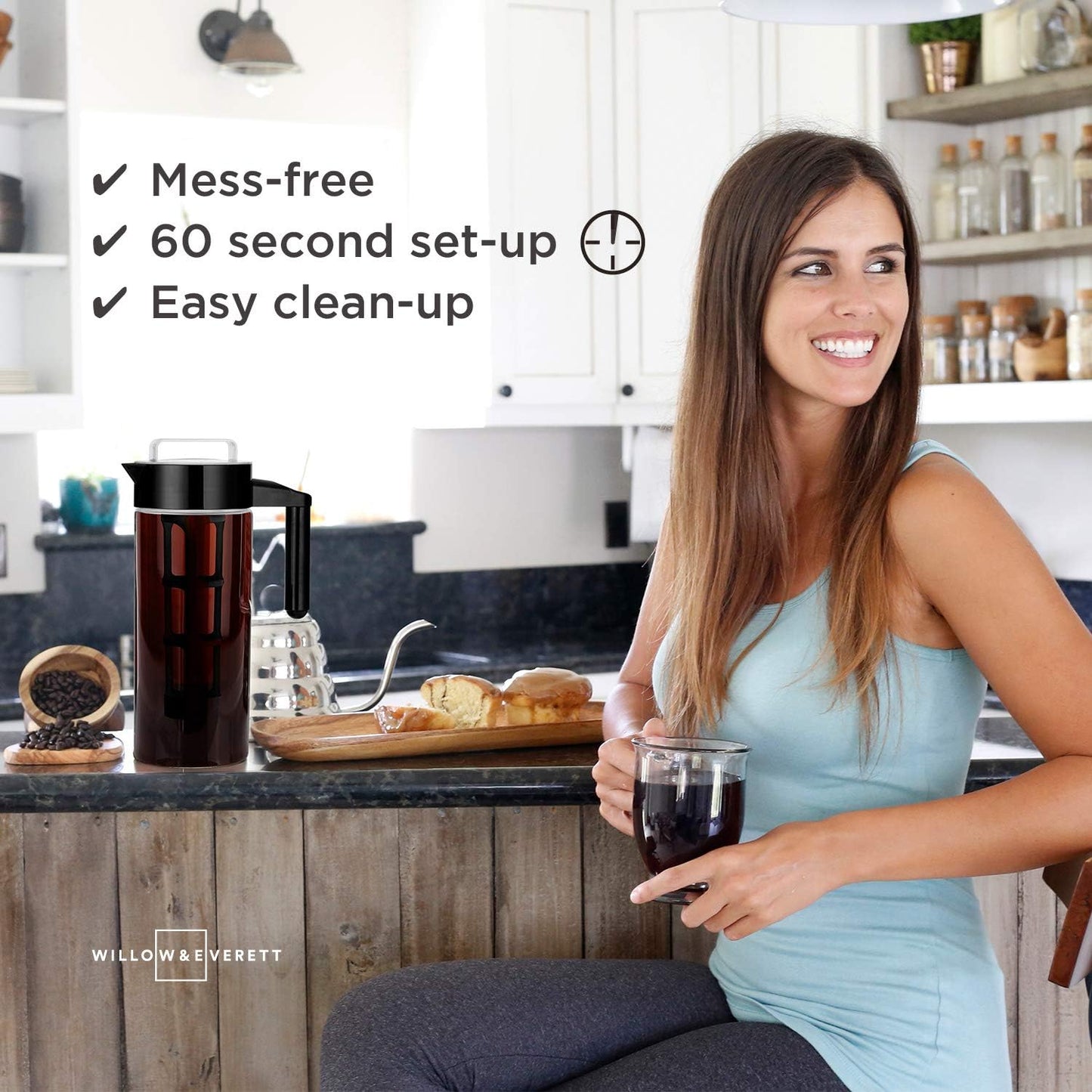 Willow & Everett Cold Brew Coffee & Iced-Tea Maker Pitcher, 1.3 L Glass Dispenser Metal & Plastic Lid Mesh Filter Iced Coffee & Sun Tea Brewing System