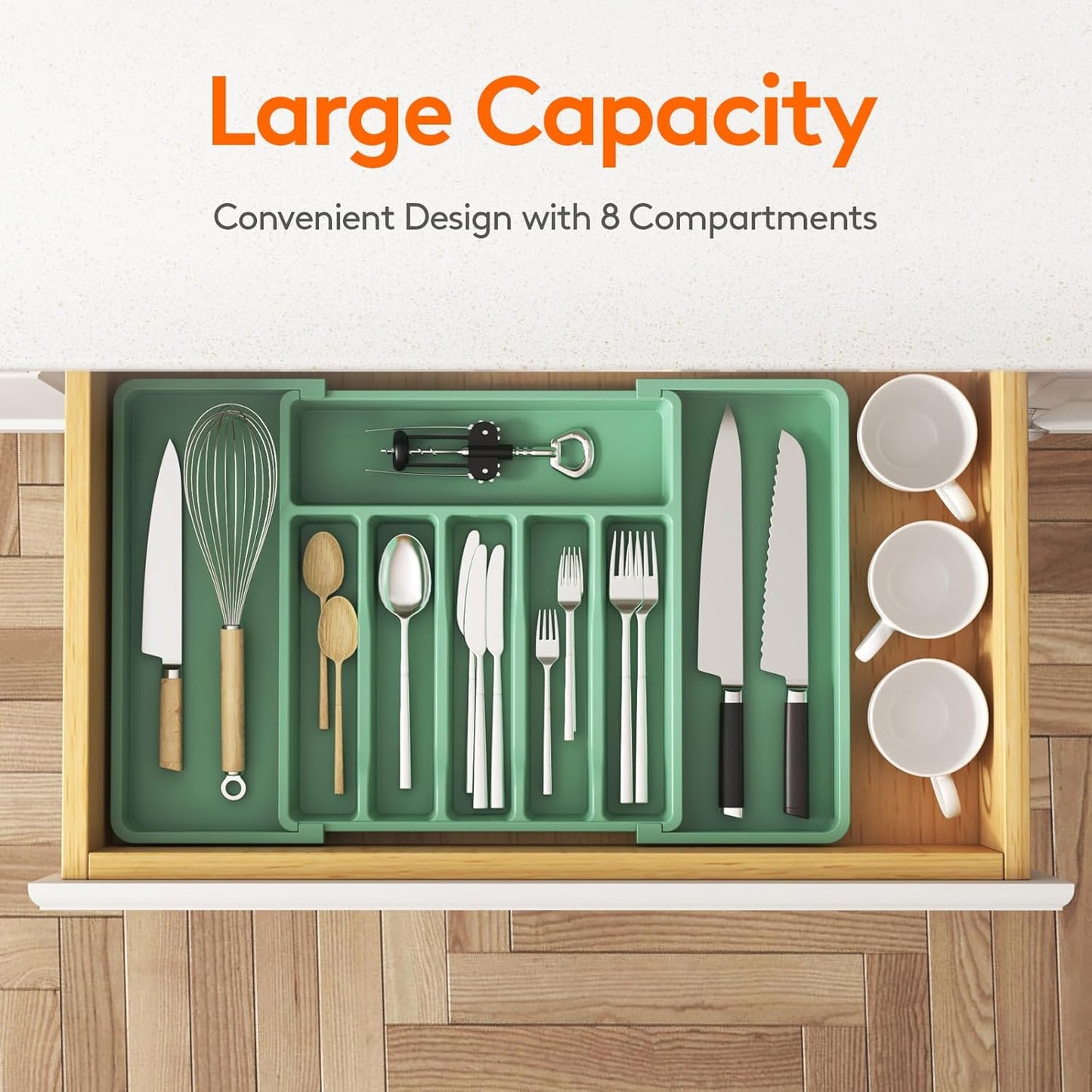 Lifewit Silverware Drawer Organizer, Expandable Utensil Tray for Kitchen, BPA Free Flatware and Cutlery Holder, Adjustable Plastic Storage for Spoons Forks Knives, Large, Green
