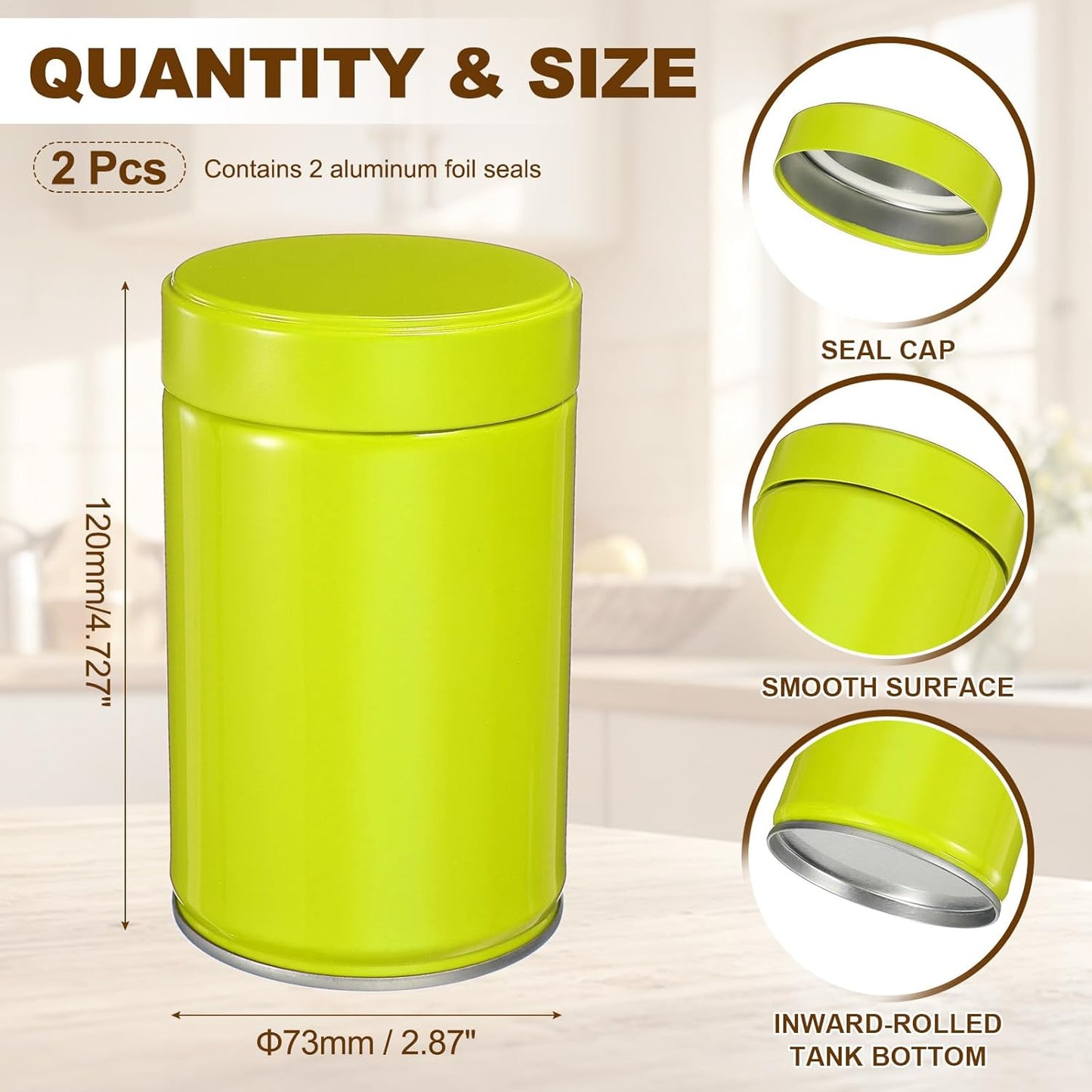 uxcell 2Pcs Round Tea Canisters, 5" x 3" Airtight Metal Tea Containers for Loose Tea, Coffee Beans, Spices - Durable, Compact, and Stylish Storage Tea Tin (Green)