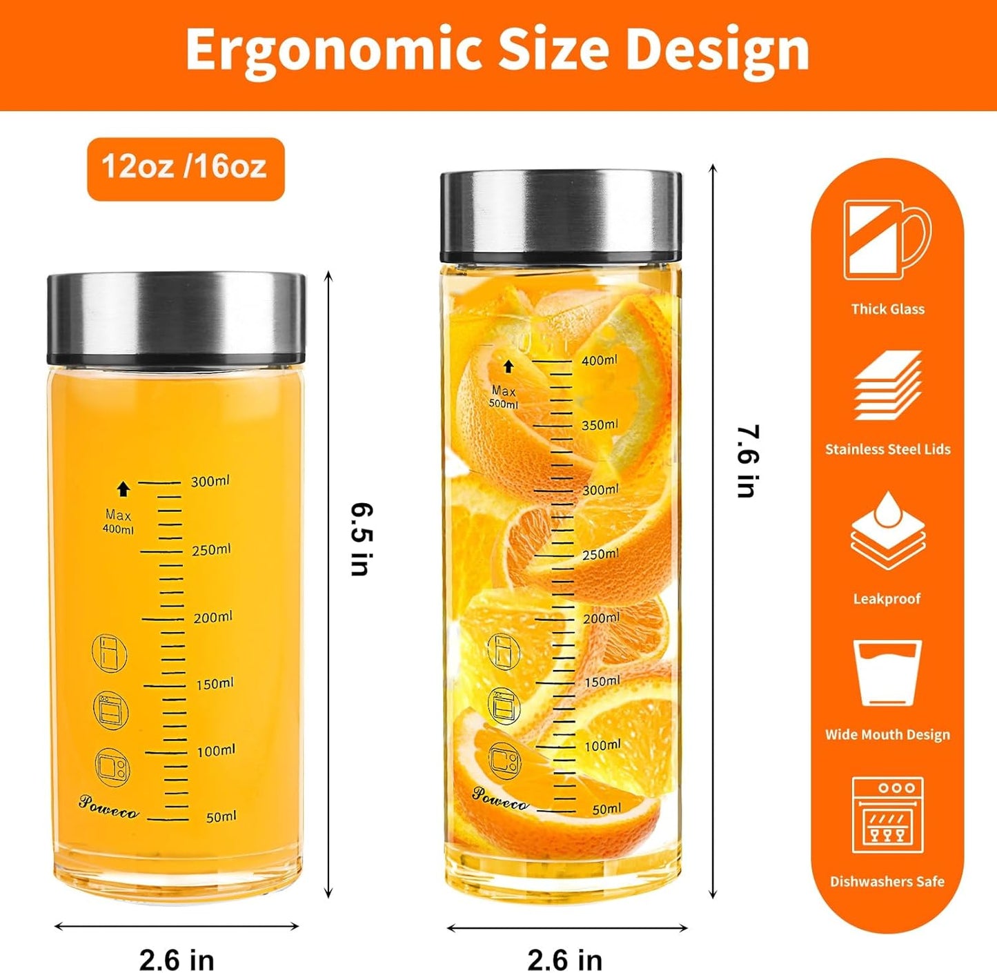 Glass Juice Bottles 6 Pack 12 oz - Wide Mouth Glass Water Bottles with Lids - for Juicing, Protein, Smoothie, Milk, Reusable, BPA Free, Stainless Steel Lids, Blender, Shaker Bottle (12oz/400ml)