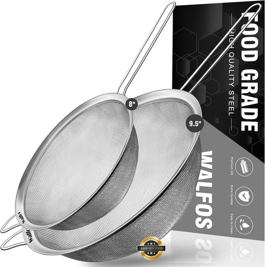 Walfos Large Fine Mesh Strainer 9.5" & 8", Stainless Steel Mesh Sieve with Sturdy Handle, Kitchen Metal Food Strainers for Quinoa, Rice, Pasta, Fruits, Vegetables, etc., Set of 2