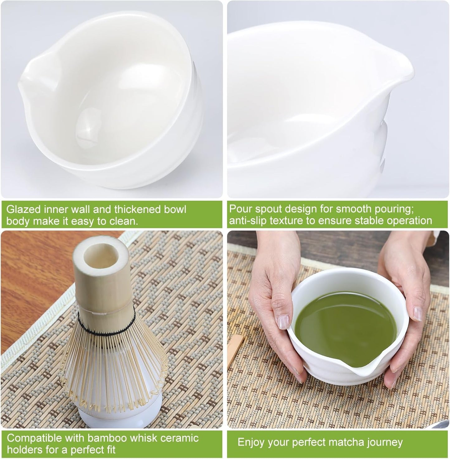 Matcha Whisk Set, 6 Pcs Matcha Set with Bamboo Matcha Scoop and Stainless Steel Sifter/Pouring Spout Ceramic Bowl/Matcha spoon/Matcha Whisk Holder, -19 oz Japanese Tea Ceremony Kit for Gifts (White)