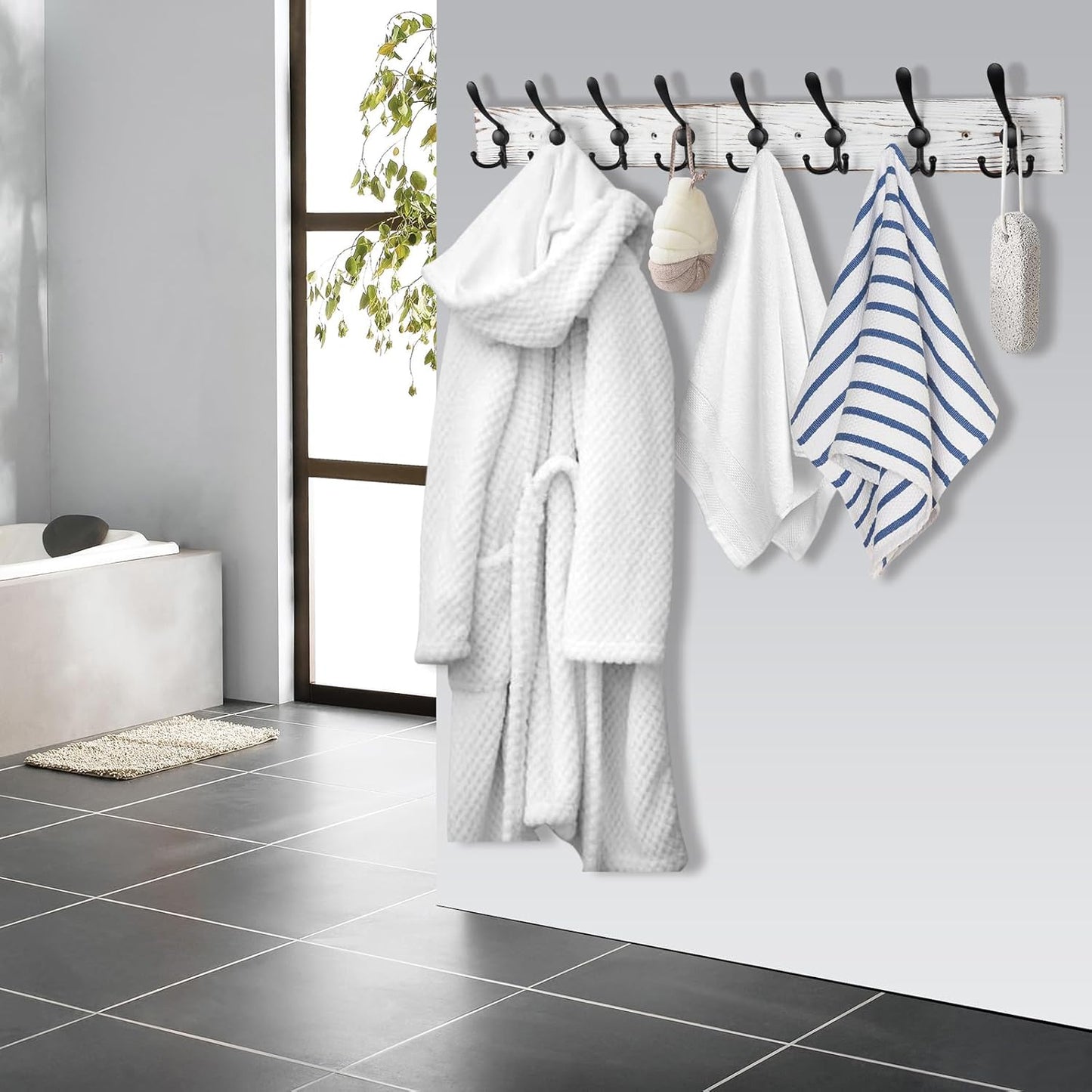 32.2'' Large Coat Rack Wall Mount Coat Hooks with 8 Metal Black Triple-Hooks Old White Pine Real Wood Plank Hat Rack for Wall Hooks