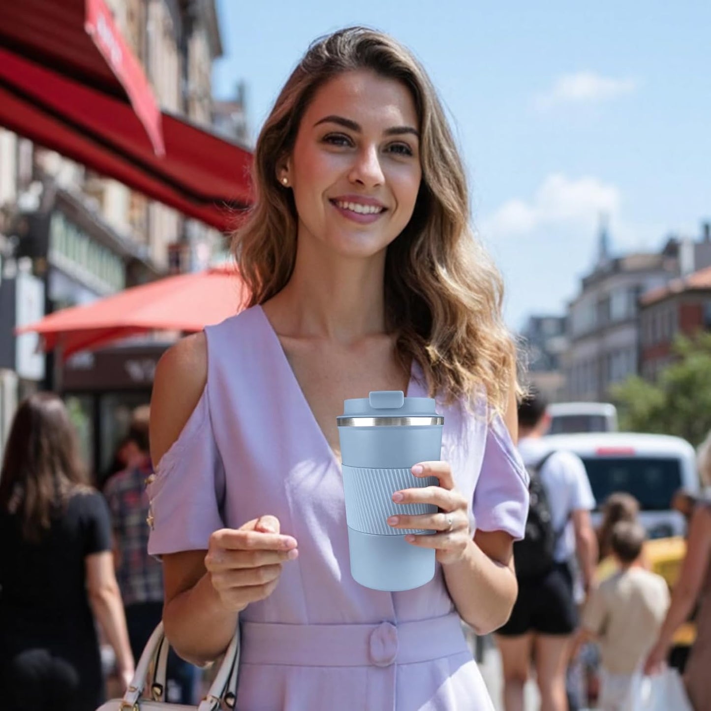 YINBAOGE Insulated Travel Coffee Mug Spill Proof Leak Proof Pobtable To Go Camping Stainless Steel Coffee Tumbler Reusable Coffee Cups with Lids Thermos for Hot and Cold Drink (Light blue, 12 OZ)