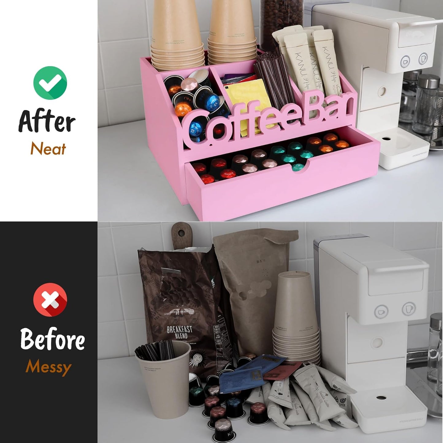 Coffee Bar Organizer for Countertop – Wooden Coffee Station with Black Drawer, Tea and K Cup Storage Rack, Coffee Pod Holder for Home and Office Counter Organization (Drawer - Pink)