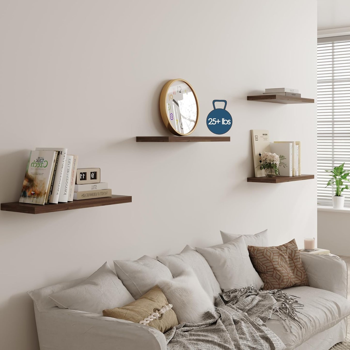 Wall Shelf Set of 3, Walnut Floating Shelves 30 in W x 10 in D x 1 in H, Wooden Floating Wall Shelf with Invisible Brackets for Living Room/Bedroom/Bathroom/Kitchen Storage and Decor