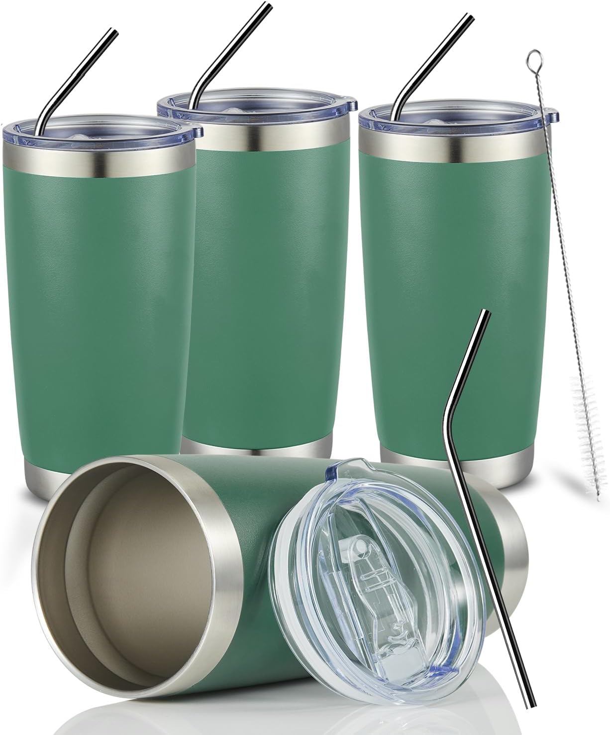 COMOOO 20oz Tumbler Bulk Double Wall Vacuum Insulated Travel Mug, Stainless Steel Tumbler with Lid and Straw Durable Powder Coated Insulated Coffee Cup for Cold & Hot Drinks (Dark Green, 4 pack
