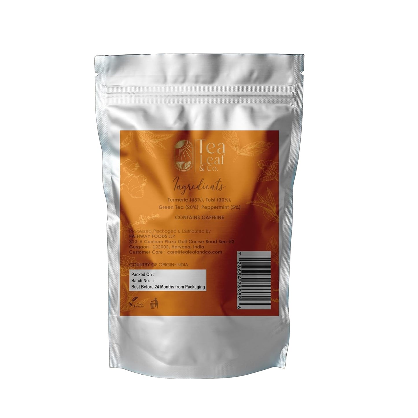 Tealeaf & Co. Turmeric Tulsi Holy Basil Green Tea - Turmeric, Tulsi & Peppermint Tea Blended with Fresh Herbs & Spices - Low Caffeine & Vegan - 100 Teabags (7.055oz/200gm)