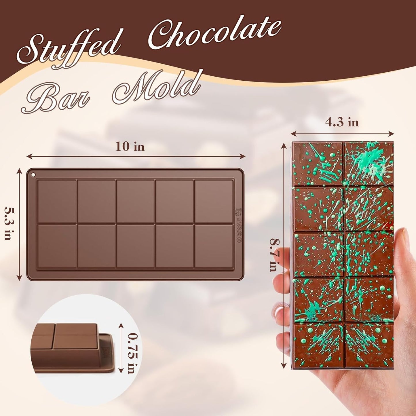 Chocolate Bar Mold 2 Pack, Non-Stick Deep Dubai Chocolate Bar Molds, Silicone, Rectangular Prism, Chocolate Color