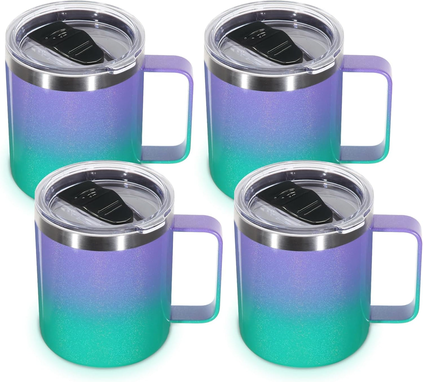 Volhoply 14oz Insulated Stainless Steel Coffee Mug with Lid Bulk 4 Pack,Double Wall Vacuum Travel Coffee Cup with Handle,Reusable Cups Tumbler,Camping Mugs Keep Hot,Ideal Gifts(Purple Green,4)