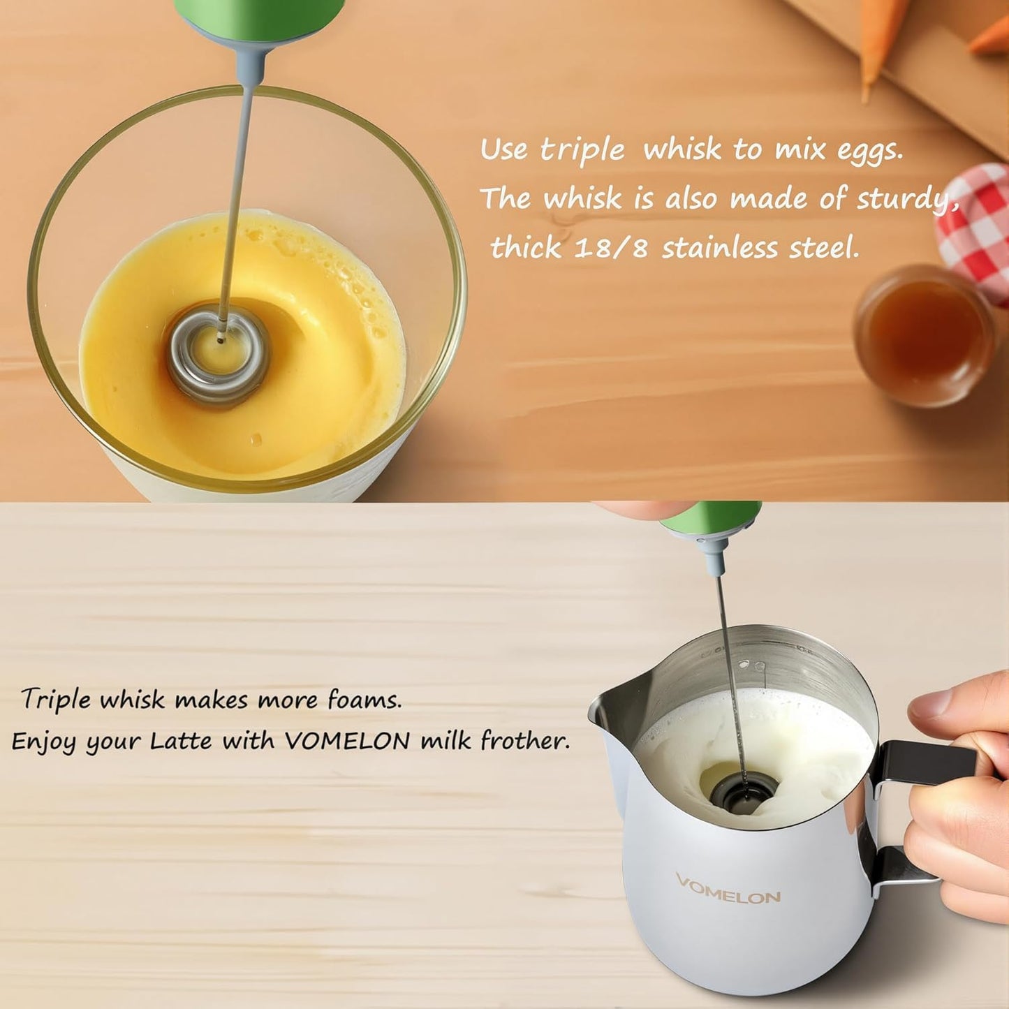 Electric Milk Frother Handheld,Travel Coffee Drink Mixer Batteries Included, 304 Stainless Steel Whisk for latte Cappuccino,Bulletproof Coffee Hot Chocolate,Egg-Grass Green