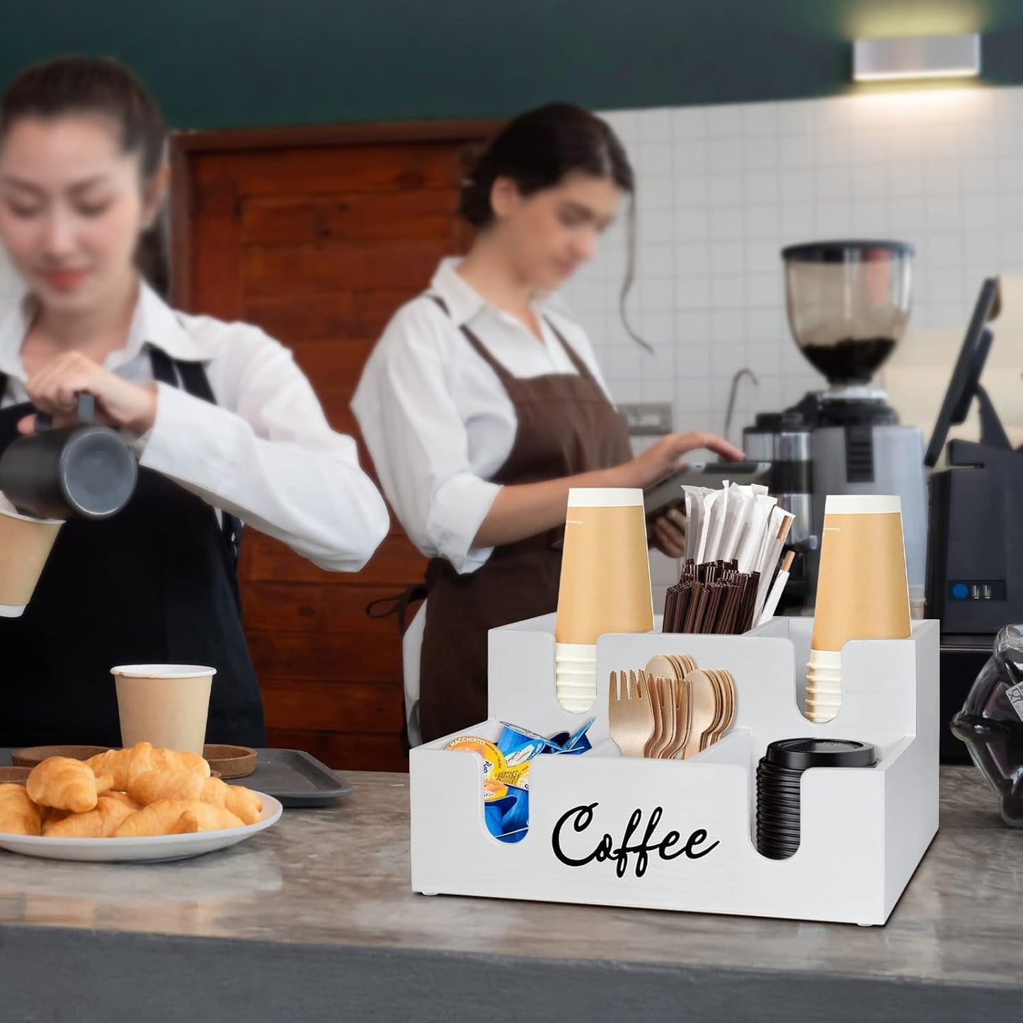 Wooden Coffee Station Organizer - 6 Compartment Lid Holder for Counter, Dispenser for Paper Cups, Condiment Storage