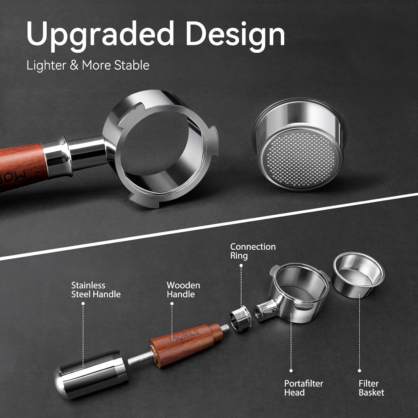 54mm Bottomless Portafilter for Breville Espresso Machines, 3 Ears Espresso Portafilter with Puck Screen,Double Shot Filter Basket & Premium Walnutwood Handle, Espresso Accessories Set.