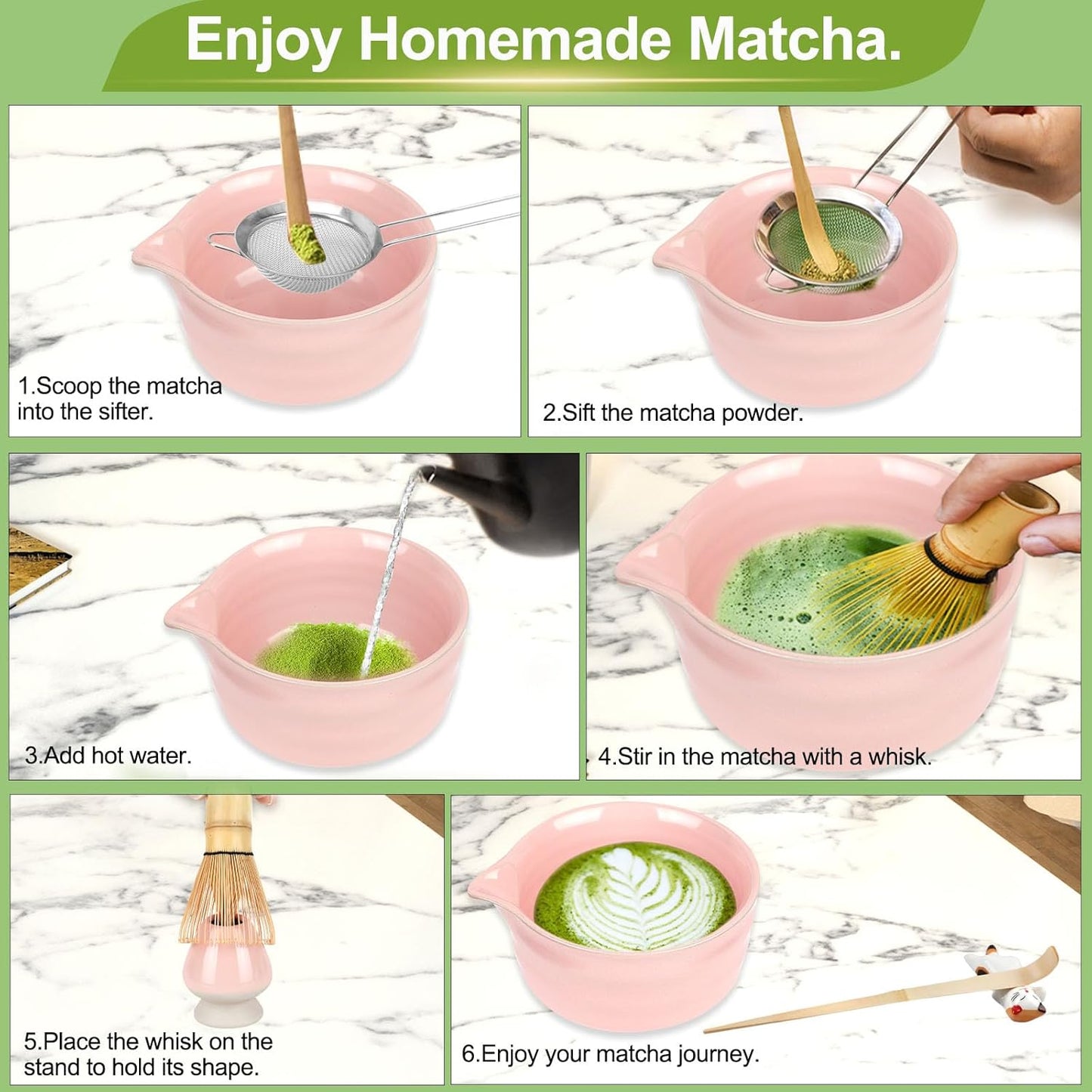 7 Pcs Matcha Whisk Set, Matcha Set with Ceramic Bowl, Whisk, Bamboo Spoon, Whisk Holder, Sifter, Scoop and Holder, Matcha Kit for Matcha Lover (Pink)