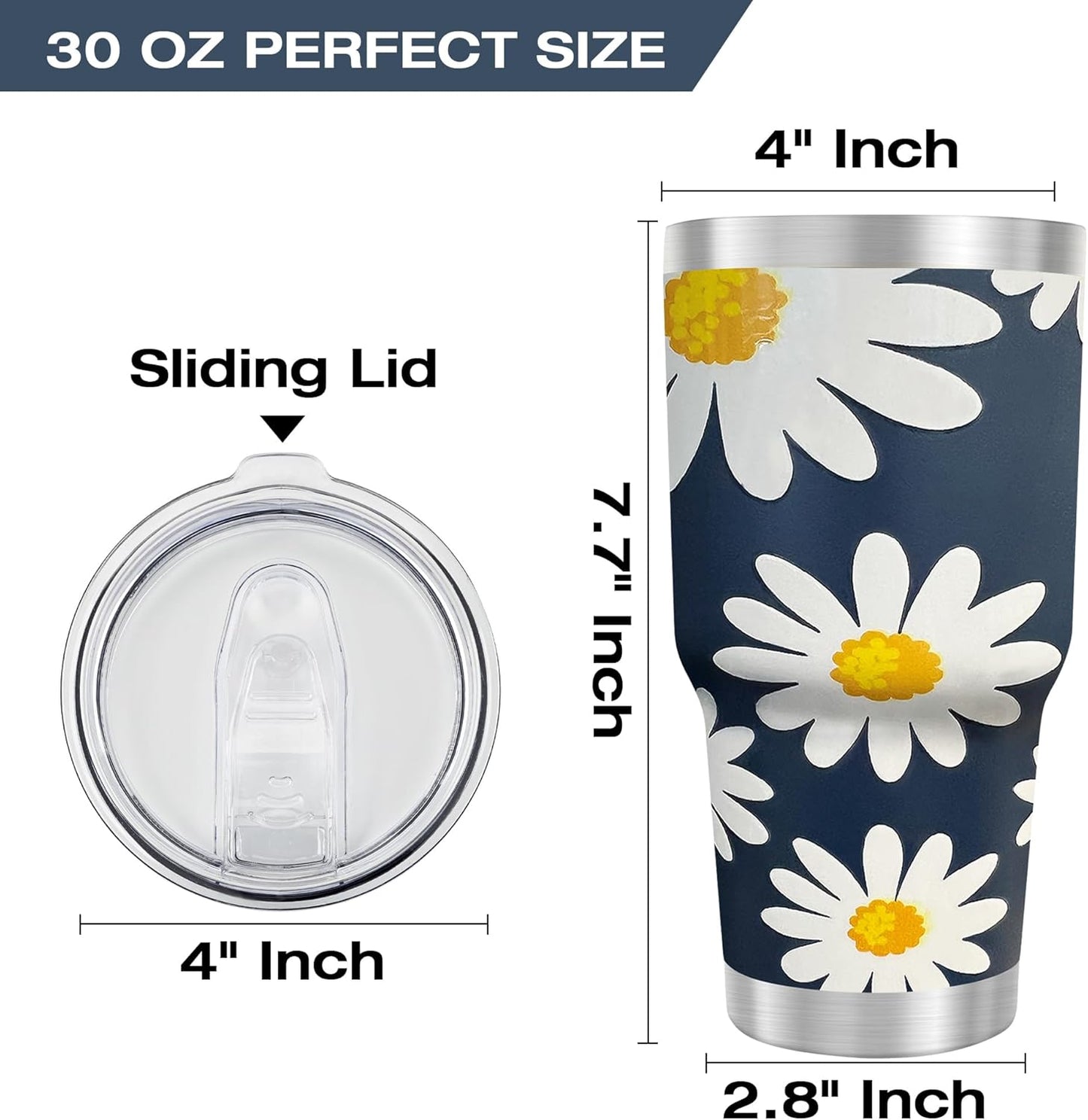 WETOWETO 30oz Tumbler, Stainless Steel Vacuum Insulated Water Coffee Tumbler Cup, Double Wall Powder Coated Spill-Proof Travel Mug Thermal Cup for Home Outdoor (Daisy Flower, 1 Pack)