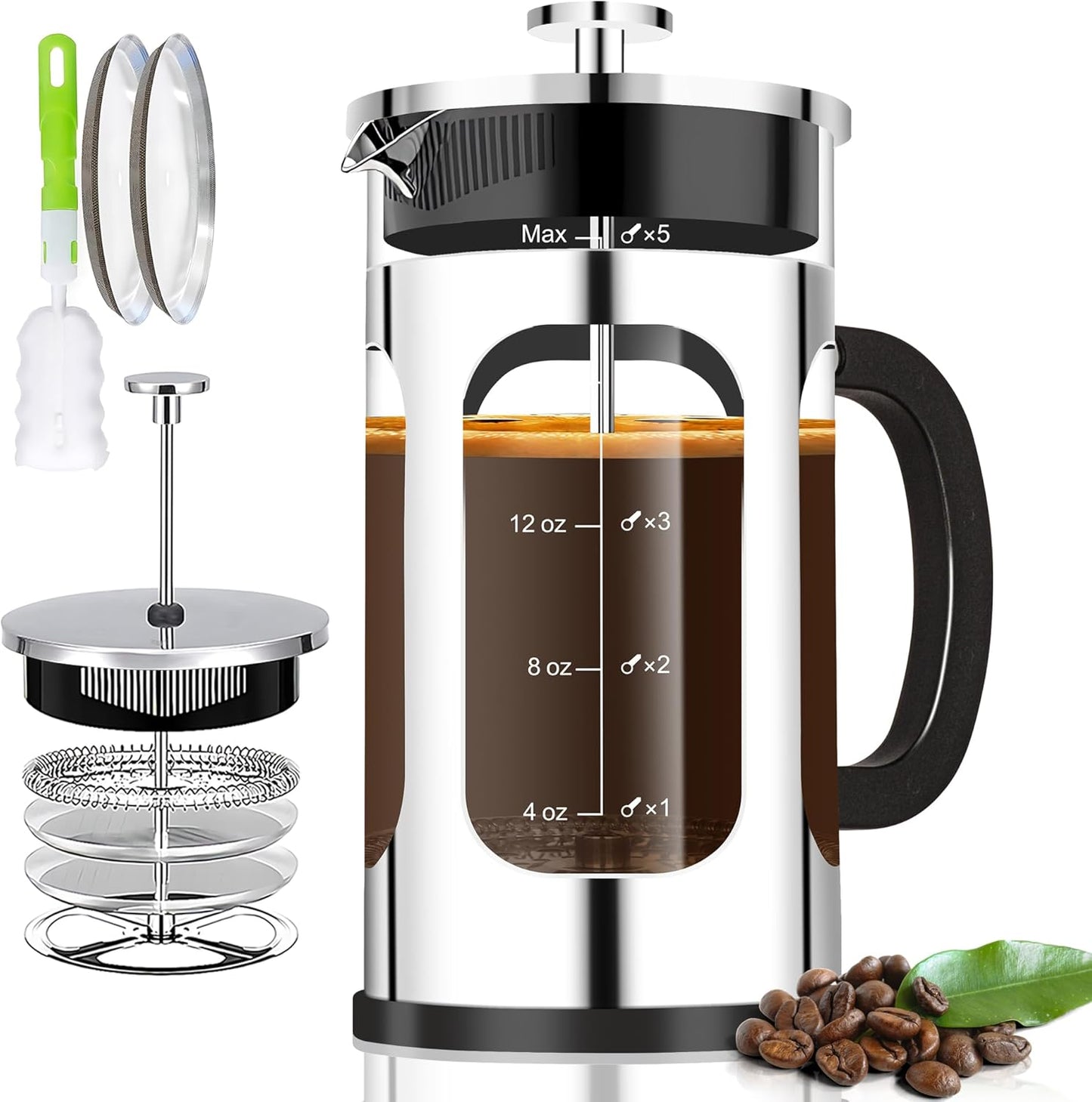 French Press Coffee Maker (21oz 600ML 3-4Cup) Coffee Press, with 4 Filters System, Heat Resistant Thickness Borosilicate Glass, Cold Brew Coffee Tea Pot Gifts (Silvery)