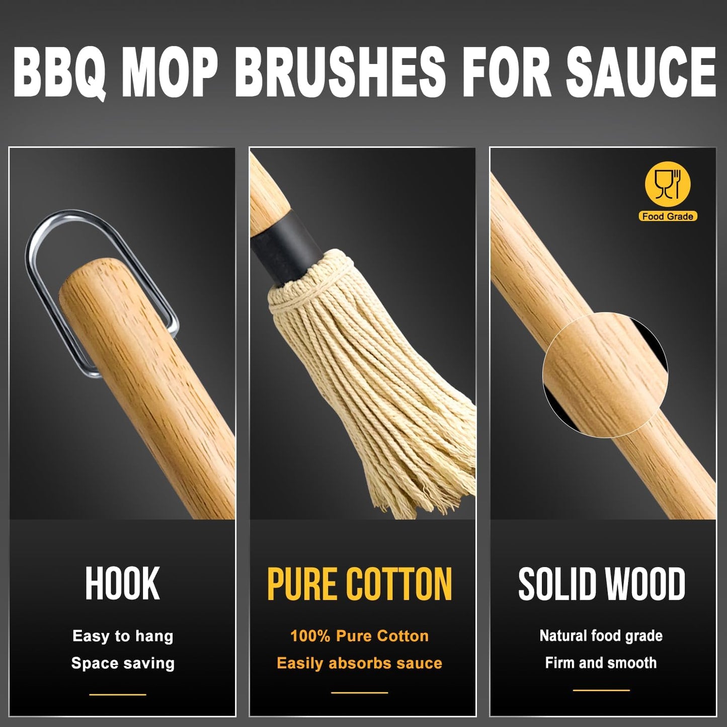 Walfos Basting Brush Silicone and BBQ Mop, Grill Basting Mop with 3 Heads and 2Pcs Pastry Brushes, Wooden Long Handle, Heat Resistant for Grilling, Smoking Steak, Kitchen Cooking (18"）