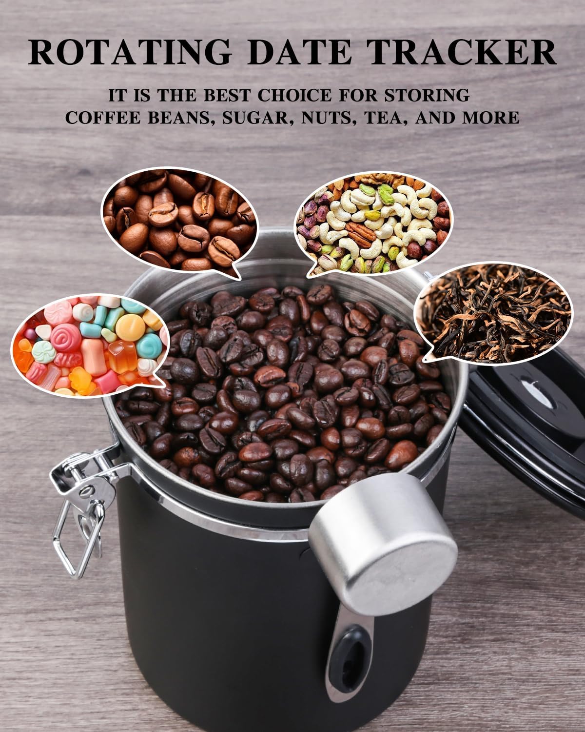 Coffee Canister Airtight Coffee Storage Container Stainless Steel Air Tight Coffee Jar with Scoop, Date Tracker and CO2 Release Valve for Beans, Ground, Tea, Flour, Cereal and Sugar (2pcs-Black-1.8L)