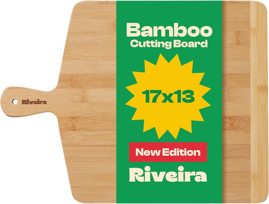 Riveira Two Tone Bamboo Wood Cutting Board – Gourmet Bamboo Grandeur: 17 x 13 Wooden Cutting Board – Wooden Cutting Boards For Kitchen Decorative – Innovative Juice Grooves Wooden Chopping Board