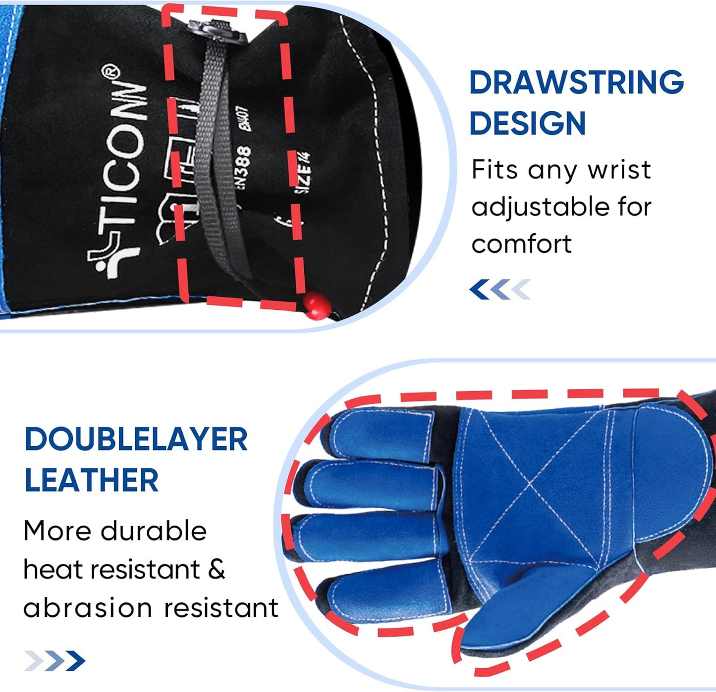 TICONN Welding Gloves, 1000°F Heat-Resistant Fireproof Leather Gloves for Welders, Stick, Forge, Mig, Tig, BBQ, Baking, Oven