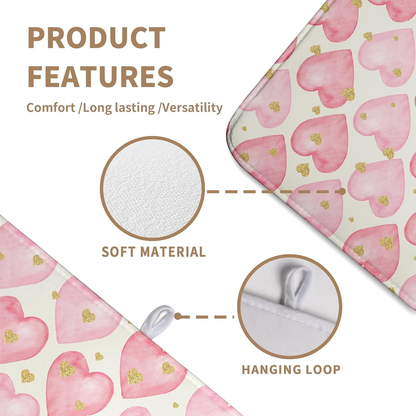 Valentines Dish Drying Mat Valentine Dishes Drying Pad Pink Golden Heart Love Absorbent Dish Dryer Matt for Kitchen Countertops Microfiber 18x24 Inches