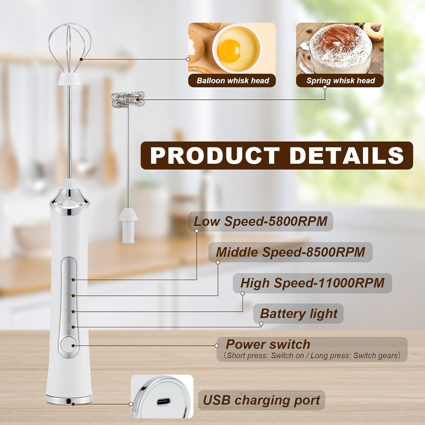 Handheld Electric Milk Frother with 2 Heads, Coffee Whisk Foam Mixer with USB Rechargeable 3 Speeds, Foam Maker Blender for Latte, Cappuccino, Hot Chocolate, Egg (White with stand)