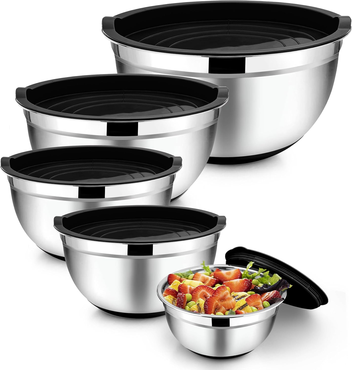 TeamFar Mixing Bowls with Lids Set, 7/3.5/2.5/1.5/1 QT, Stainless Steel Large Metal Salad Nesting Bowl, Non-Slip Silicone Bottom & Airtight Lid, Healthy & Deep - Set of 5(Black)