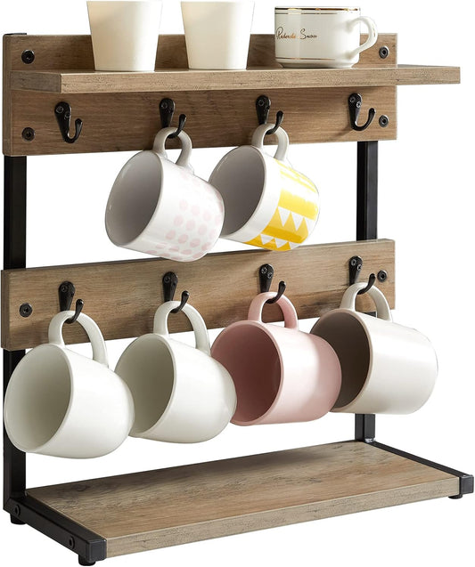 IBUYKE Rustic Coffee Mug Holder Stand, 2 Tier Countertop Mug Tree Holder Rack with Storage Base, Vintage Mug Holders for Kitchen, Holds 8 Mugs, Beige UTBJ002Y