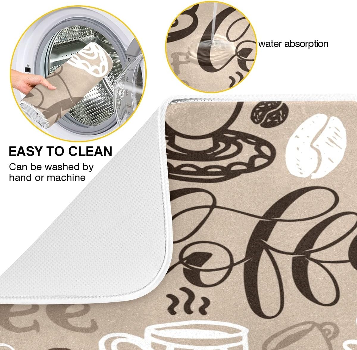 Brown Coffee Dish Drying Mat - 16 x 18 Inch Reversible Microfiber Kitchen Mat with High Absorbency