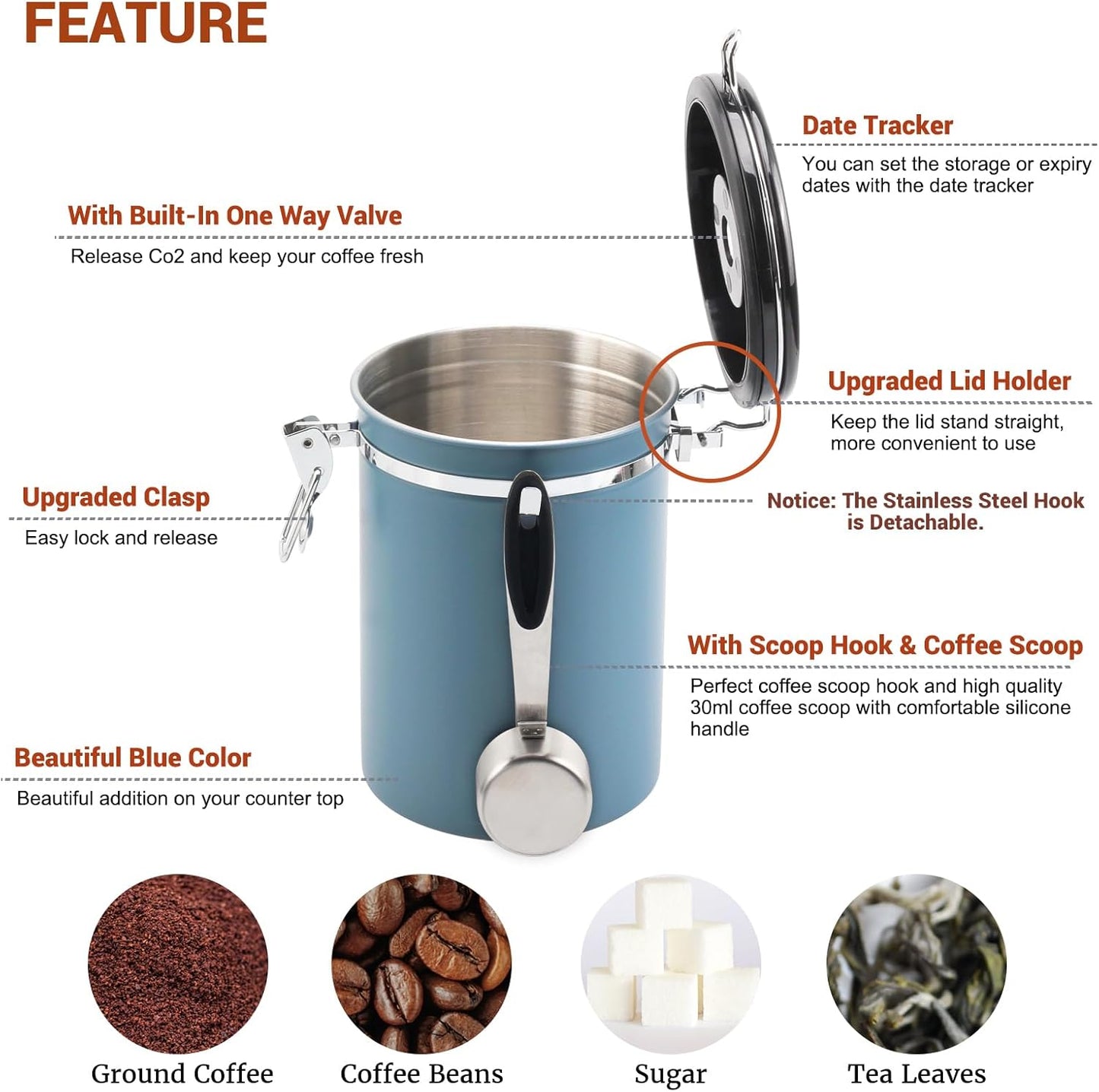 Airtight Coffee Bean Storage - with Co2 Valve Vacuum Sealed Coffee Container with Scoop For Beans Grounds Large Blue 21oz