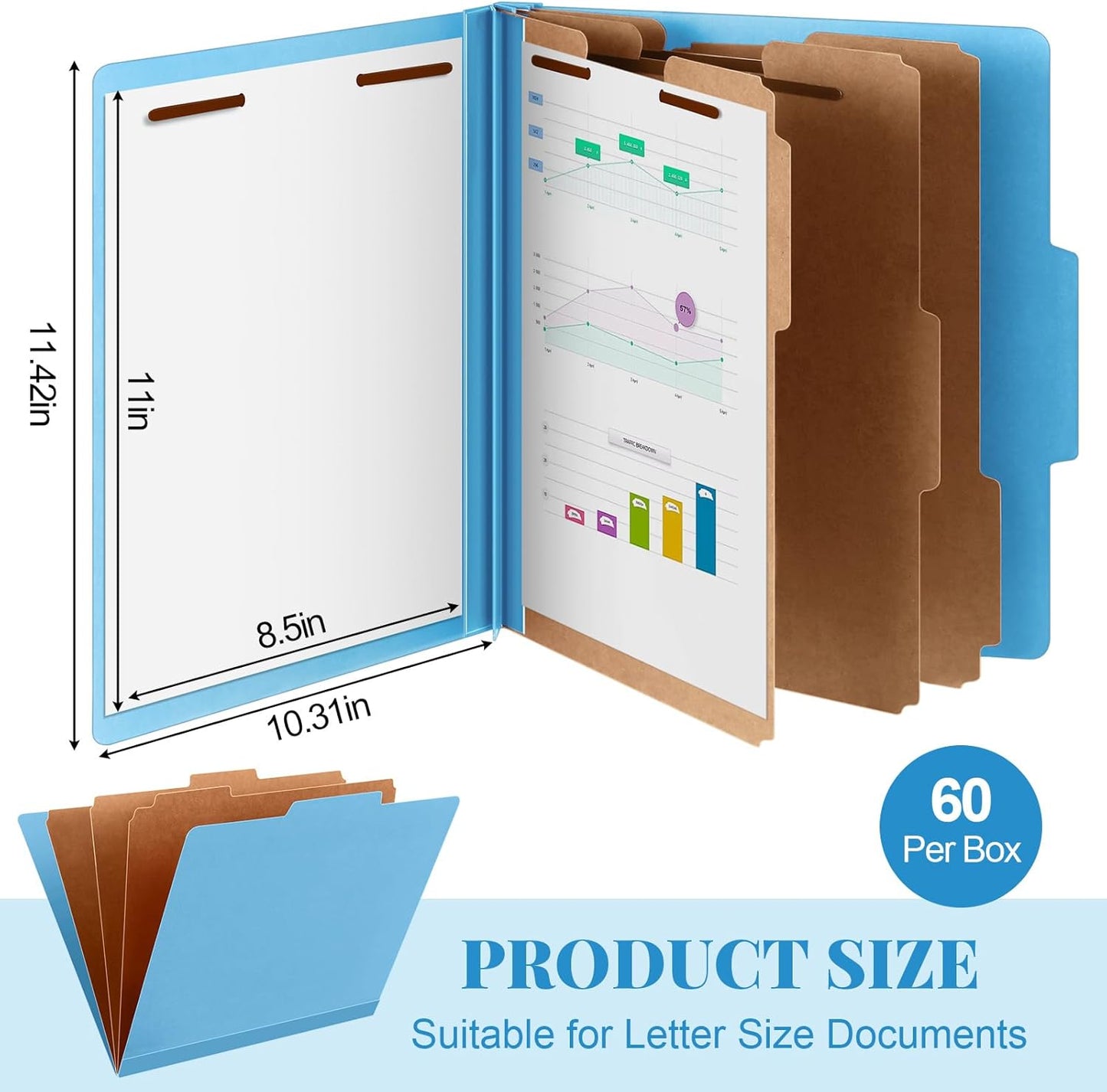 60 Pcs Classification Folders Letter Size, Back to School Supply for Teacher, Student, 3 Dividers Pressboard File Folder Bulk with 2 Fasteners, 3.5 Inch Expanding File Organizer (Blue)