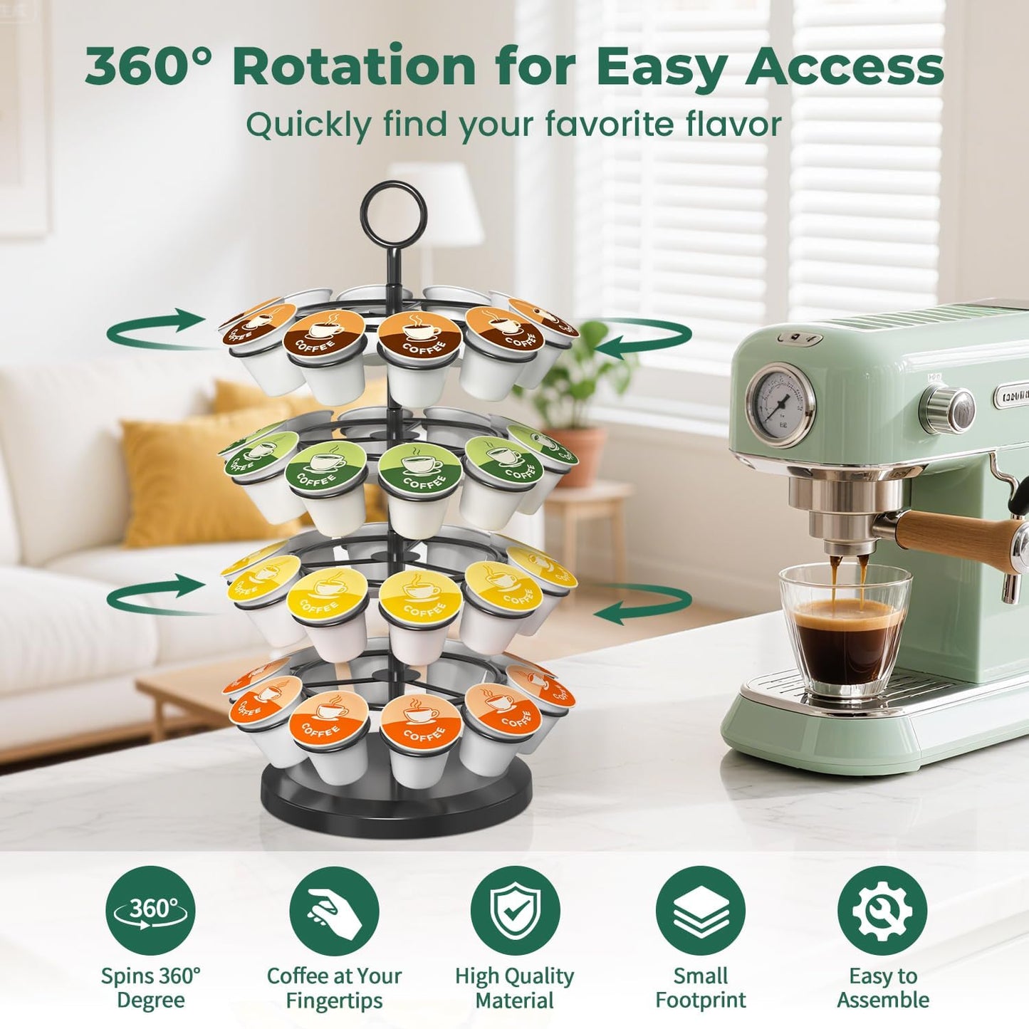 EsLuker.ly K Cup Holder Coffee Pod Organizer Carousel for Counter, Metal Storage Rack Stand for Kitchen, Rotatable 4 Tier Pod Tower Tree for 40 K Cups, Space Saving Meets Elegance, Black