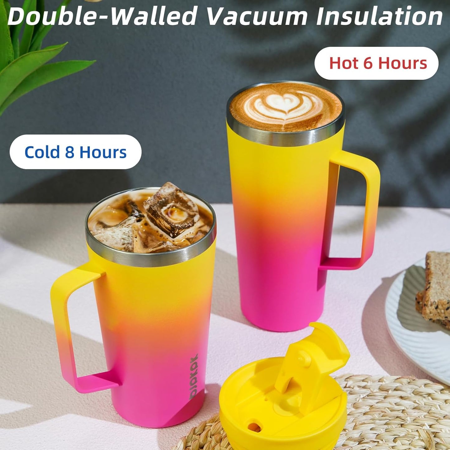 BJPKPK Insulated Tumbler with Handle, 26oz Insulated Tumblers with Lid and Straw, Stainless Steel Metal Water Bottles, Coffee Travel Mugs, Cups, Pink & Yellow Rose