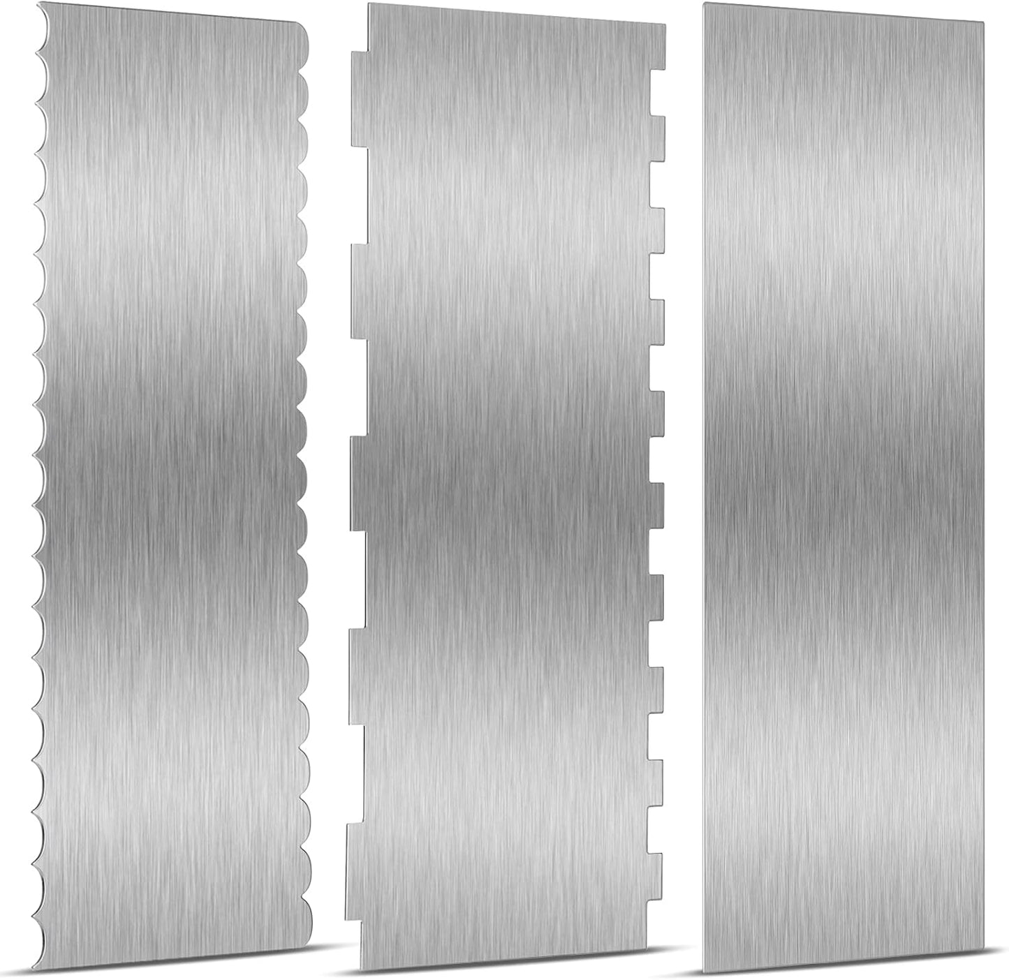 3 Pieces Stainless Steel Cake Scraper 10 Inch and 9 Inch Large Double Sided Patterned Edge Stripe Edge Smoother Scraper Cake Decorating Comb Pastry Cutter for Butter Mousse Cream Decoration