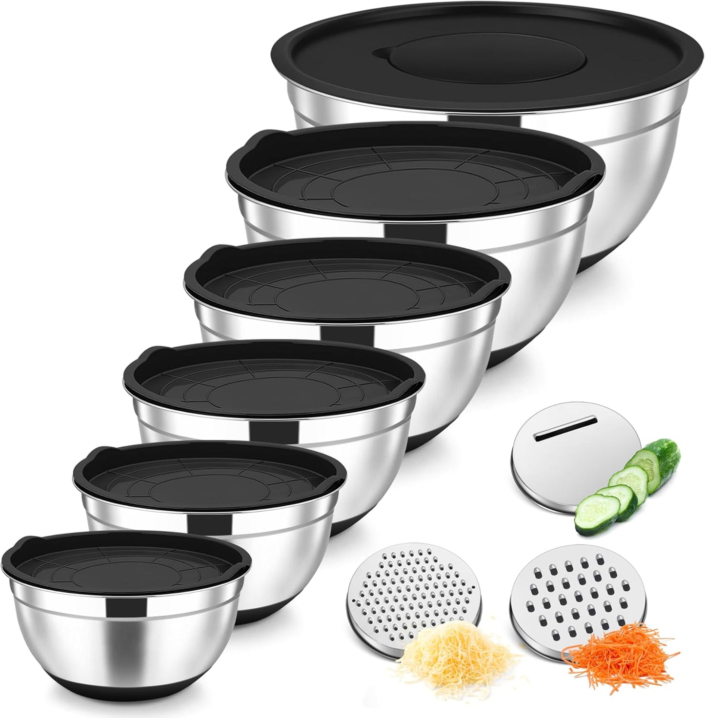 TeamFar Mixing Bowls, Stainless Steel Nesting Salad Bowl with Lids & 3 Graters, For Kitchen Cooking Serving Prepping, Airtight & Non-Slip, Size 4.6/3.5/2/1.5/1/0.7 QT, Set of 5 & Black