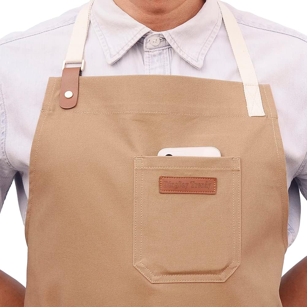 Kitchen Apron, Mens Womens Professional Chef Bib Apron for Cooking Grill BBQ, Cotton with Pockets Towel Loop and Adjustable Neck Straps