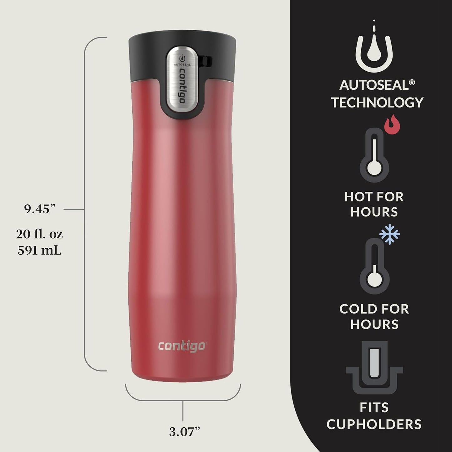 Contigo AUTOSEAL West Loop Vacuum-Insulated Stainless Steel Travel Mug with Easy-Clean Lid 20 oz 2 pack Goji Berry Frosted Pearl Frosted Pearl