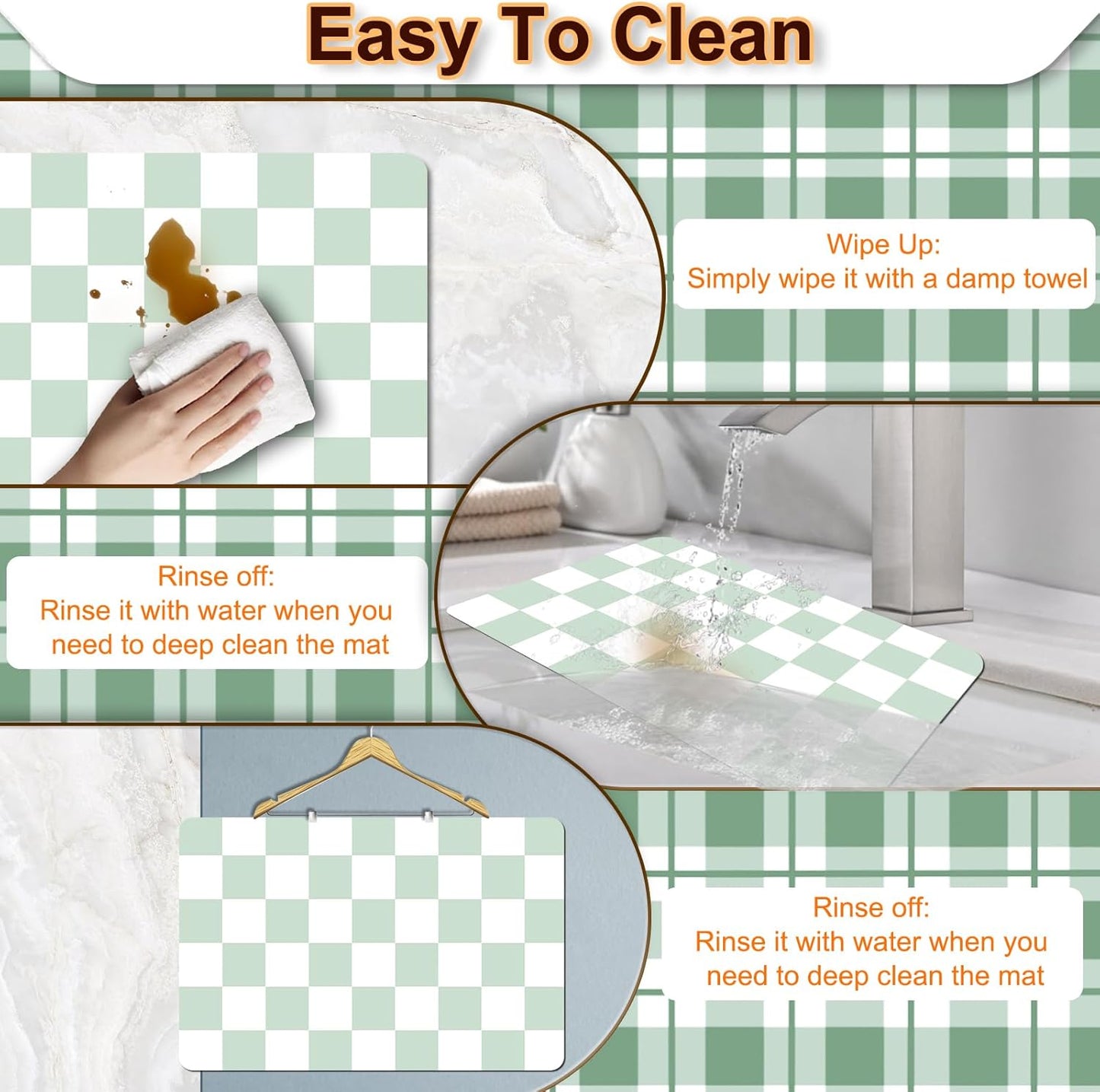 Dish Drying Mat for Kitchen, 15.7'' x 23.6'' Coffee Bar Mat for Countertops, Checkered Coffee Station Mats with Non-slip Rubber Backed, Absorbent Dish Dying Mat for Kitchen Counter, Green & White