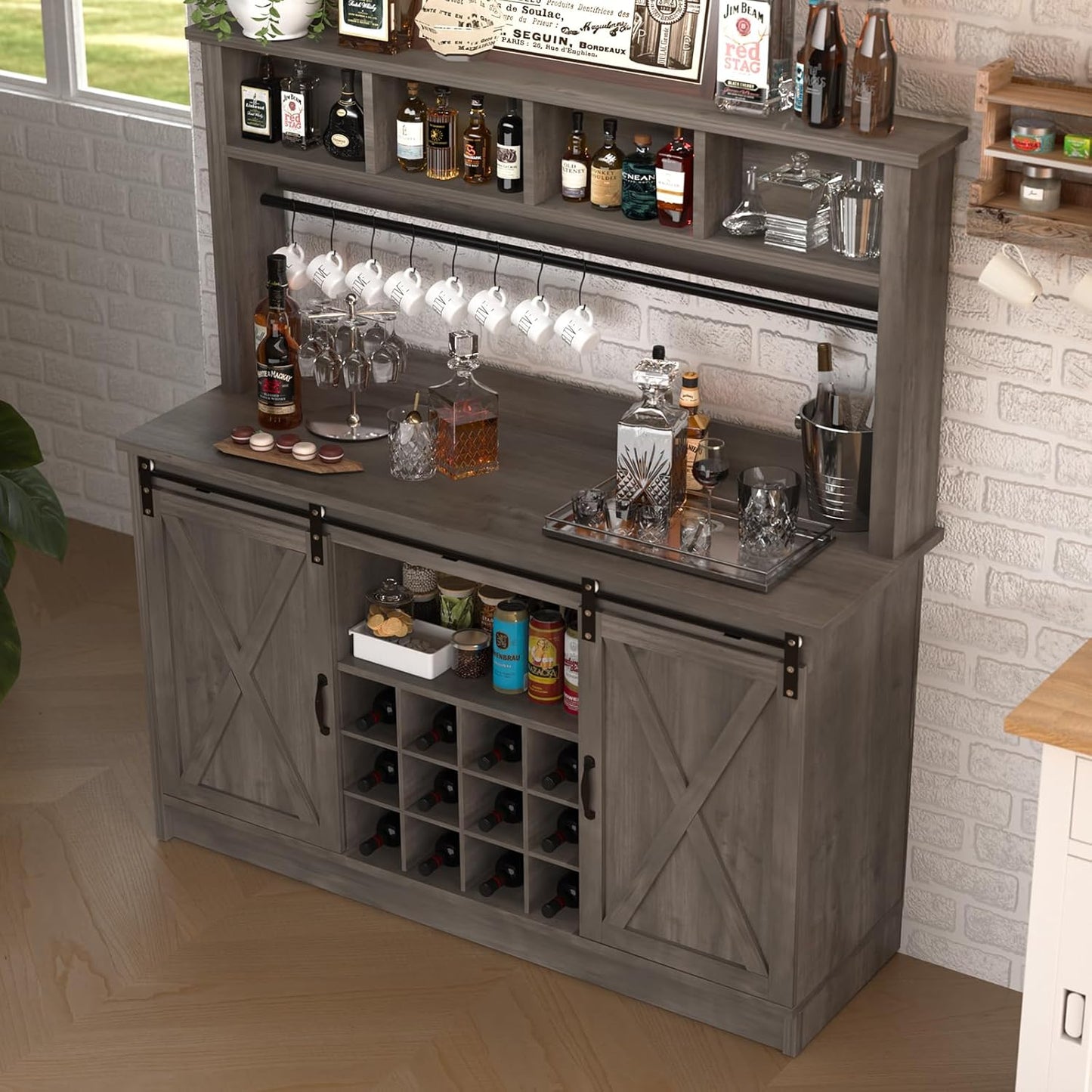 4ever2buy Farmhouse Coffee Bar Cabinet with 4 Storage Hutch, 55”Coffee Bar with Sliding Barn Doors, Hutch Cabinet with 12 Wine Racks & 8 Hooks for Dining Room, Kitchen, Wash Grey