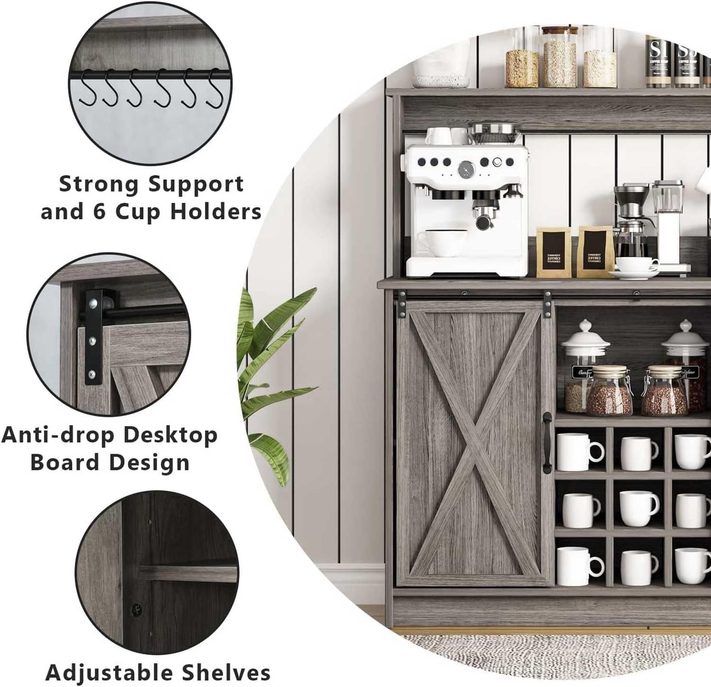4ever2buy Farmhouse Coffee Bar Cabinet with Hutch and 6 Hooks, 47 Inch Wine Bar with Storage, Buffet Cabinet with Adjustable Shelves&9 Wine Racks, Kitchen Buffet Cabinet for Dining Living Room, Grey