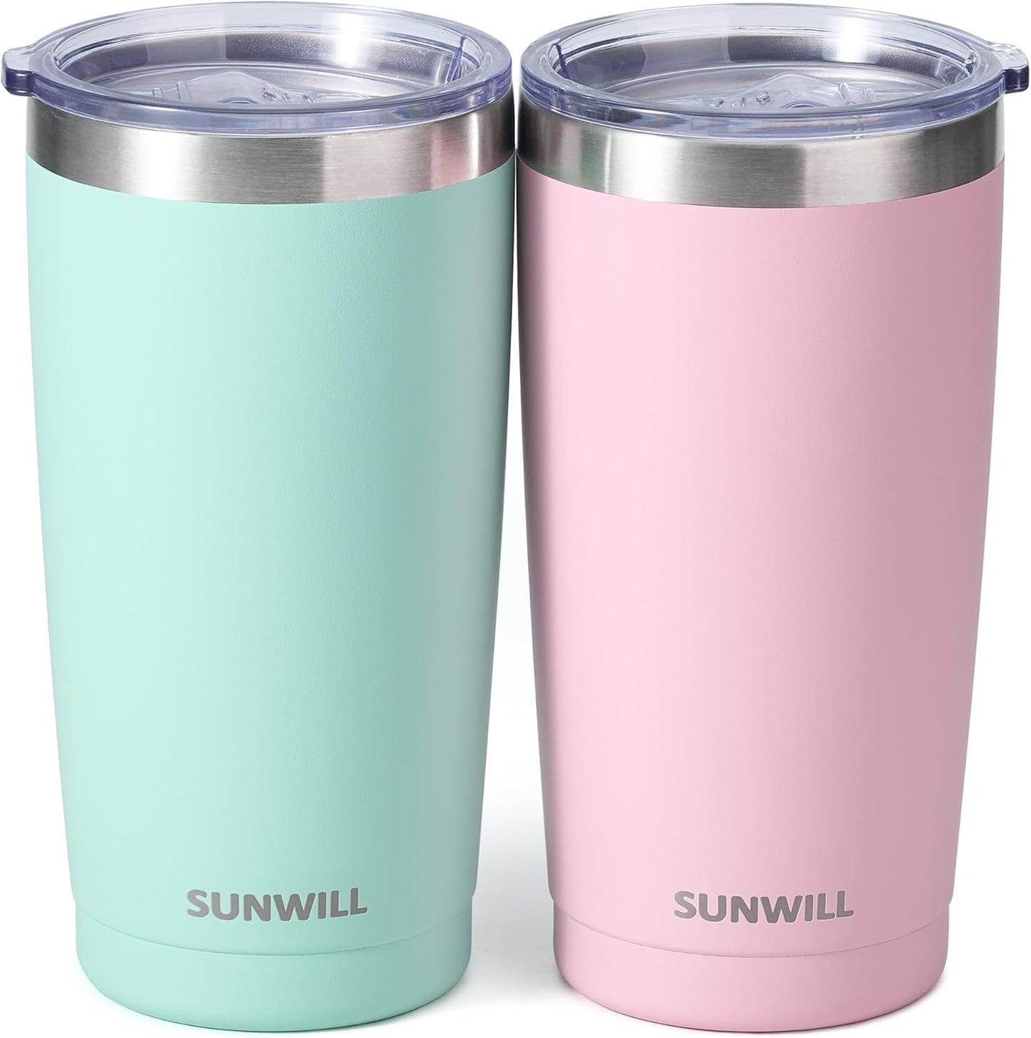 SUNWILL Travel Coffee Mug with Lid, 20 oz Tumbler Set of 2, Insulated Stainless Steel Cup for Water, Tea, Powder Coated Sakura & Mint