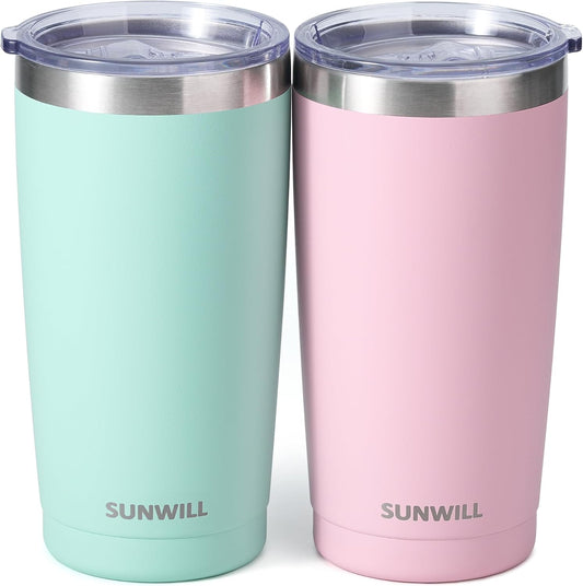 SUNWILL Travel Coffee Mug with Lid, 20 oz Tumbler Set of 2, Insulated Stainless Steel Cup for Water, Tea, Powder Coated Sakura & Mint