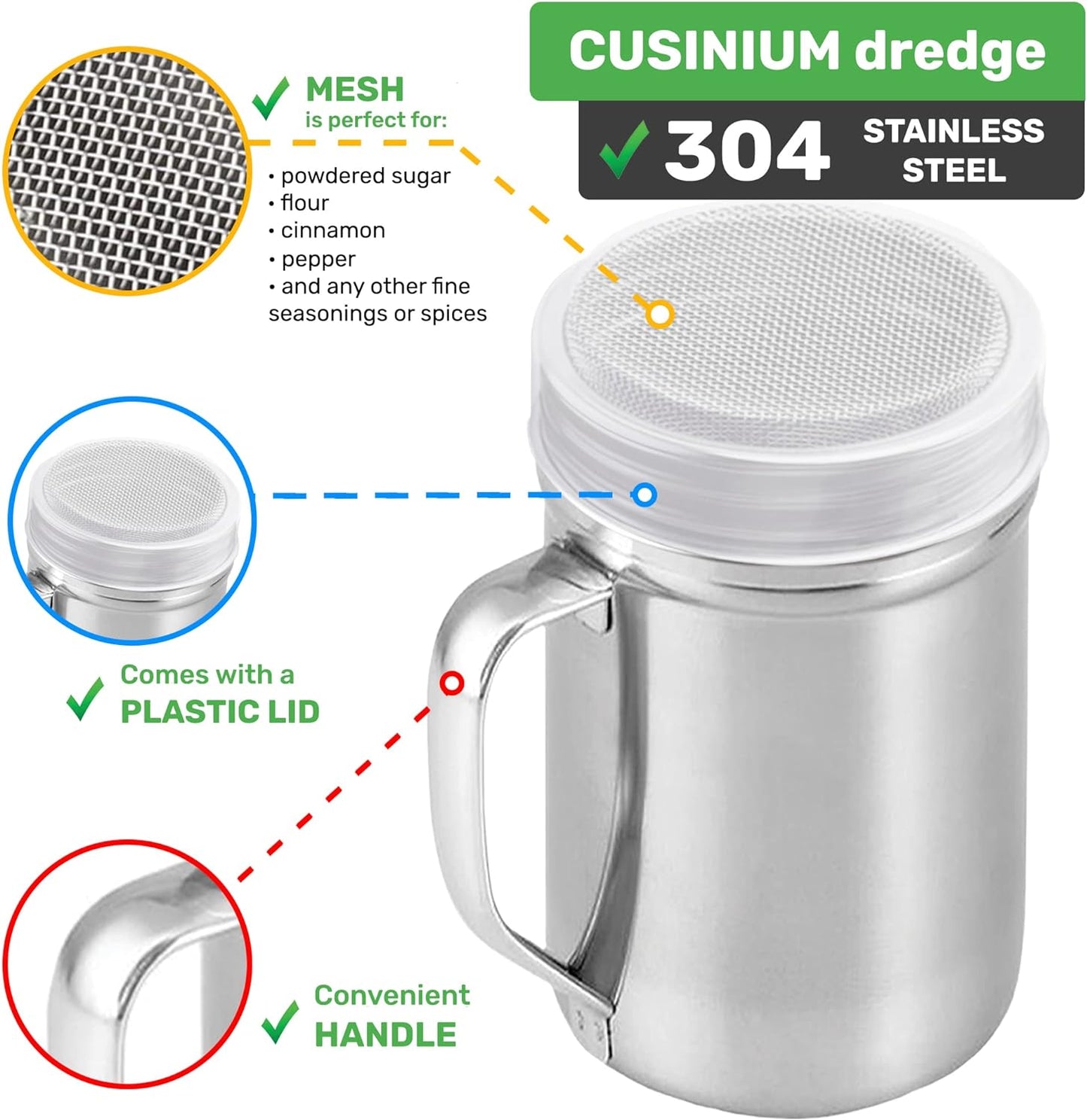 CUSINIUM Powdered Sugar Shaker Duster - With Handle - Cinnamon Shaker For Coffee Bar - Fine Mesh Dredge - 6 ounce | Style: Fine