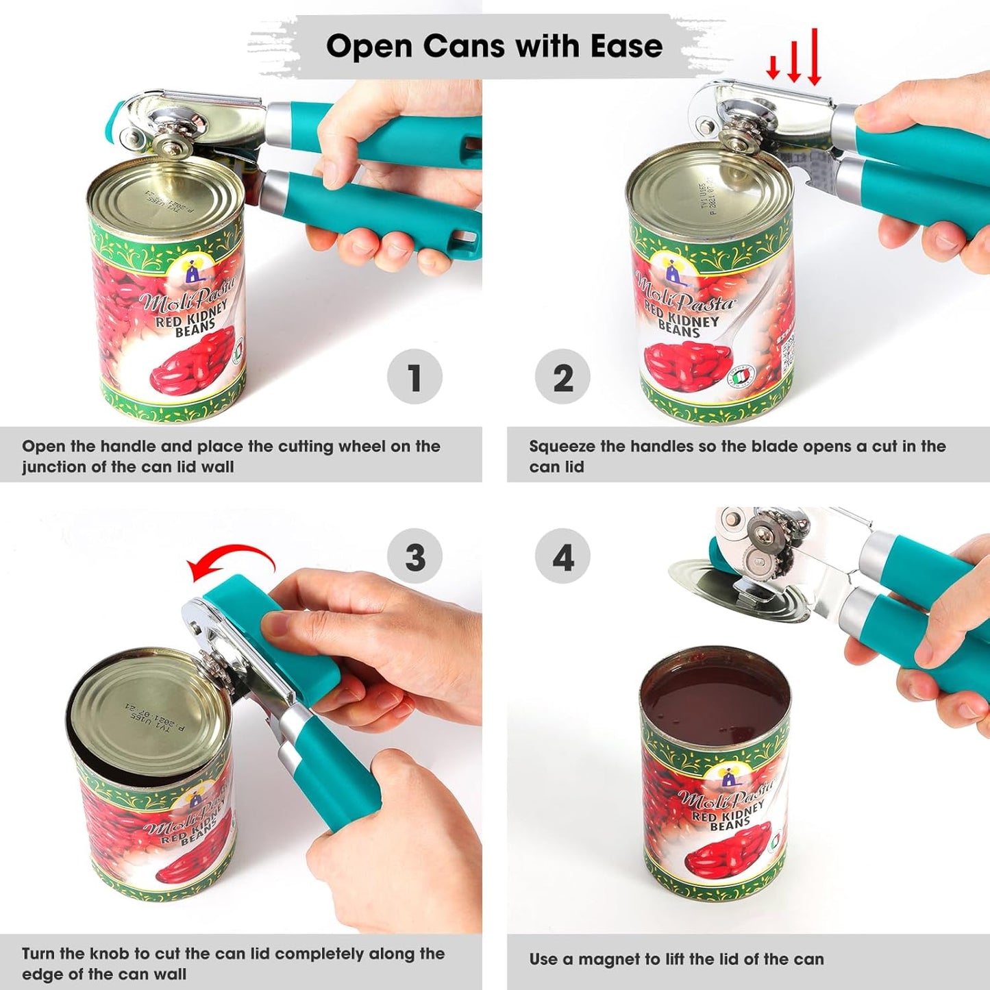 Beneno Can Opener Manual with Magnet, Hand Held Heavy Duty Can Opener with Durable Sharp Blade Smooth Edge, Big Effort-Saving Knob, Soft Grip Rubber Handle, Multifunctional Bottle Opener, Turquoise
