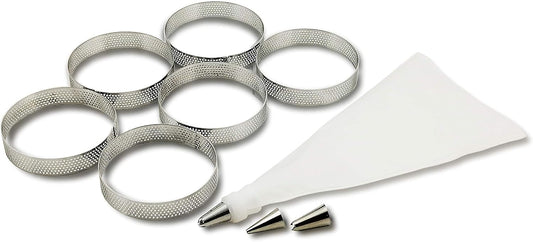 NewlineNY Stainless Steel French Pastry Tart Ring Baking Kit - 6 Perforated Round Dessert Rings + 3 Nozzles + 1 Sample Decorating Piping bag Kit