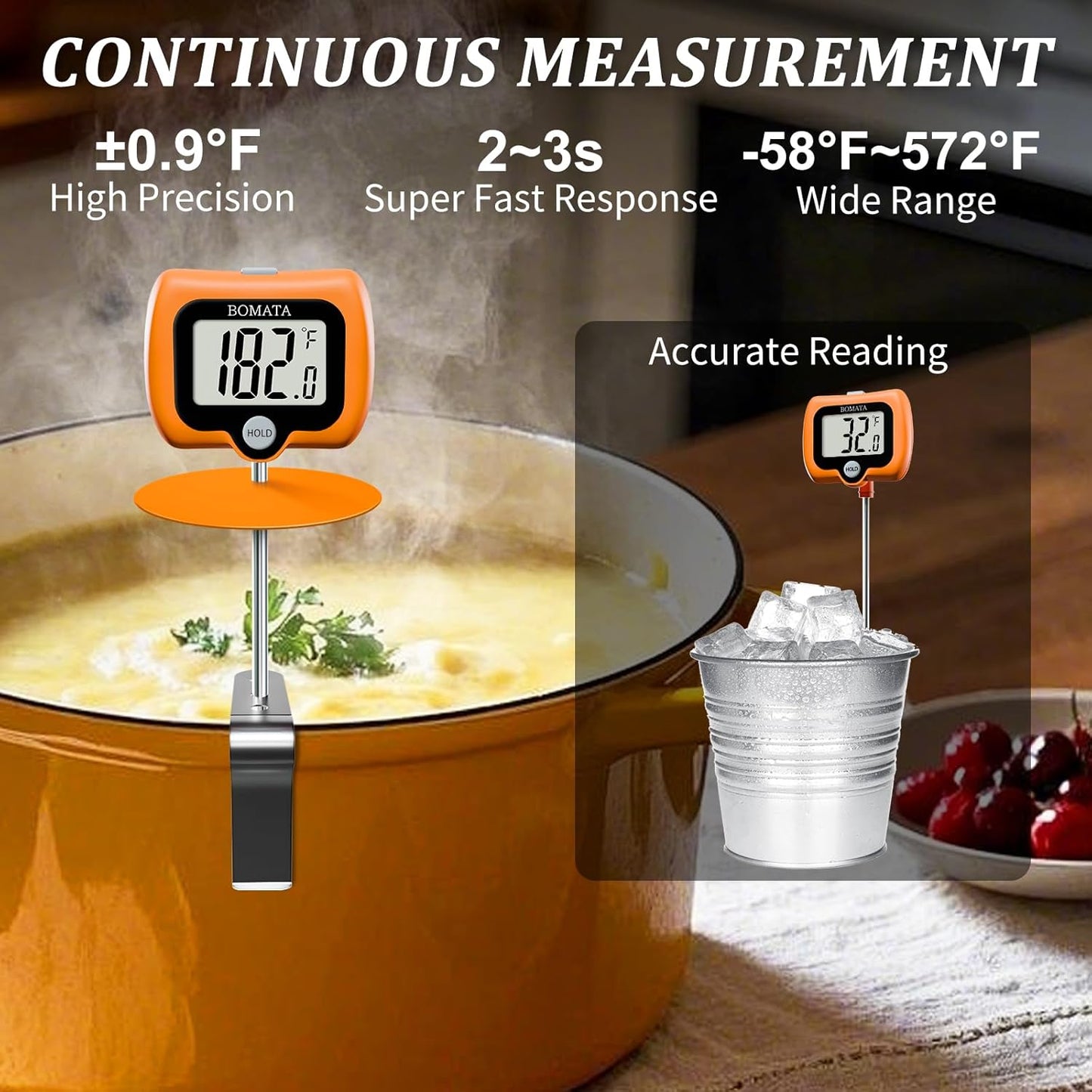 BOMATA Candy Thermometer with Pot Clip, Instant Read Cooking Thermometer with 8" Long Probe, Rotating Display, for Candy Making, Food, Candle Making, Liquids, Water, Baking, Sugar, Grilling. Orange